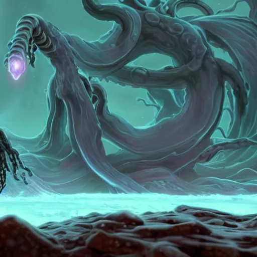 Image similar to screenshot of an end game boss that is an ethereal obsidian ghostly wraith like figure with a squid like parasite latched onto its head and long tentacle arms that flow lazily but gracefully at its sides like a cloak and chains rattling at its sides while it floats around a frozen rocky tundra in the snow searching for lost souls hidden among the underbrush of the frozen trees, this character has hydrokinesis and electrokinesis for silent hill video game and inspired by the resident evil game franchise