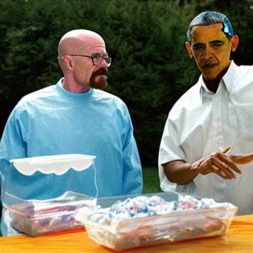 Prompt: Walter White and Obama staring at a ziploc bag full of crystal blue meth