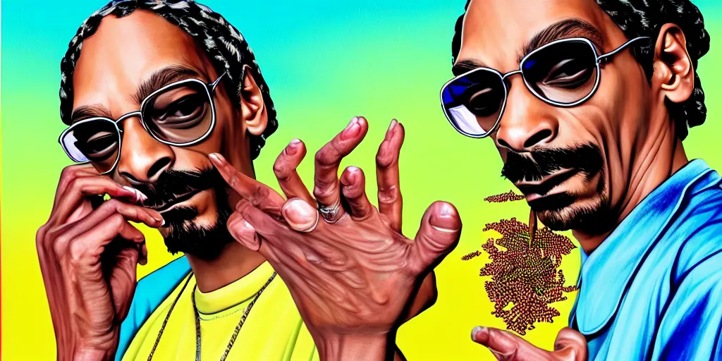 Prompt: snoop dogg smoke someone feet, gta vice city style, smooth painting, each individual seeds have ultra high detailed, 4 k, illustration, comical, acrylic paint style, pencil style, torn cosmo magazine style, pop art style, ultra realistic, underrated, by mike swiderek, jorge lacera, ben lo, tyler west