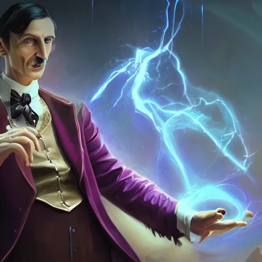 Image similar to portrait of nikola tesla as willy wonka, league of legends amazing splashscreen artwork, fantasy, splash art, natural light, elegant, photorealistic facial features, intricate, fantasy, detailed face, atmospheric lighting, anamorphic lens flare, cinematic lighting, league of legends splash art, hd wallpaper, ultra high details by greg rutkowski