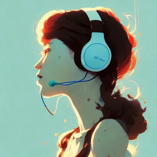 Prompt: beautiful artistic - wave highly detailed portrait female, with head phones, long red hair, by atey ghailan, by greg rutkowski, by greg tocchini, by james gilleard, by joe fenton, by kaethe butcher, dynamic lighting, gradient light blue, brown, blonde cream and white color scheme, grunge aesthetic