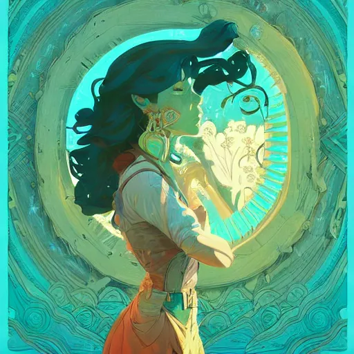 Prompt: mirror world, herbalist, turquoise. digital illustration by jesper ejsing, artgerm, ross tran, victo ngai, photoshop vector cutout filter, highly detailed