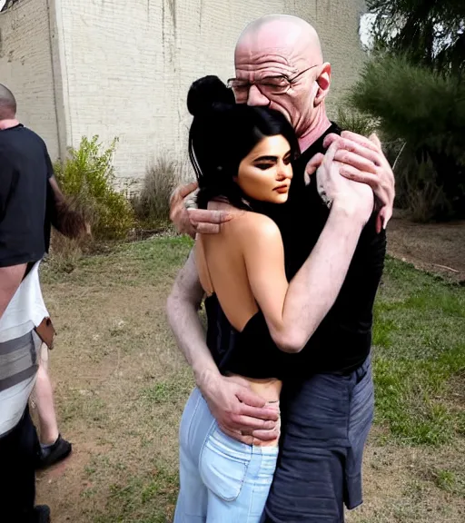 Image similar to Walter White hugging kylie Jenner in a derelict mafia mansion