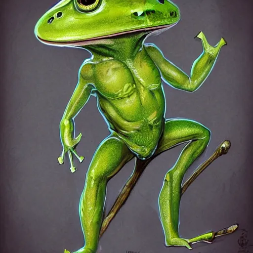 Image similar to D&D character concept art of anthropomorphic frog, green skin color, medieval clothes, soft colors, fantasy, intricate, highly detailed, digital painting, artstation, concept art, smooth, sharp focus, illustration, wide angle shot, full body visible, art by artgerm, by rutkowsky, by bowater