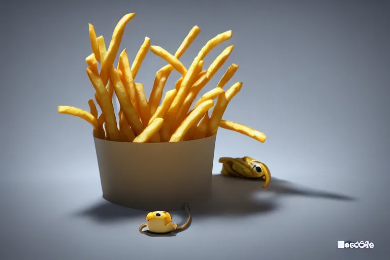 Image similar to a commercial with a 3d rendered snake spitting french fries, commercial, 3d render, Mc donalds, 4k, sharp, by Beeple, Octane Render, cinema 4d