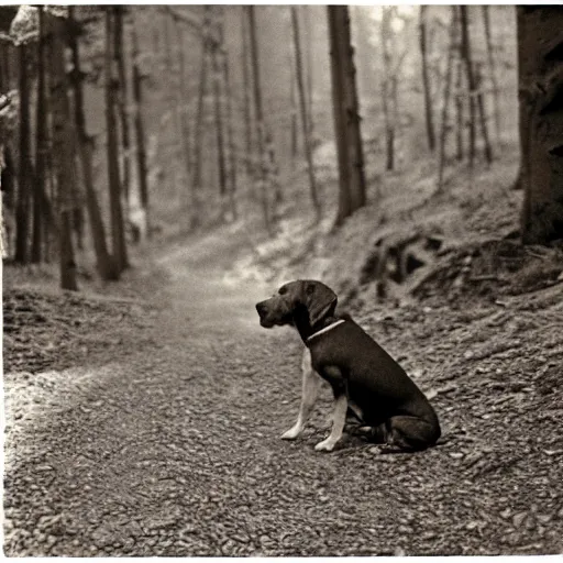 Prompt: dog looking at camera in les vosges forest at night, far away from camera, 70s photo, out of focus, motion blur, cctv footage