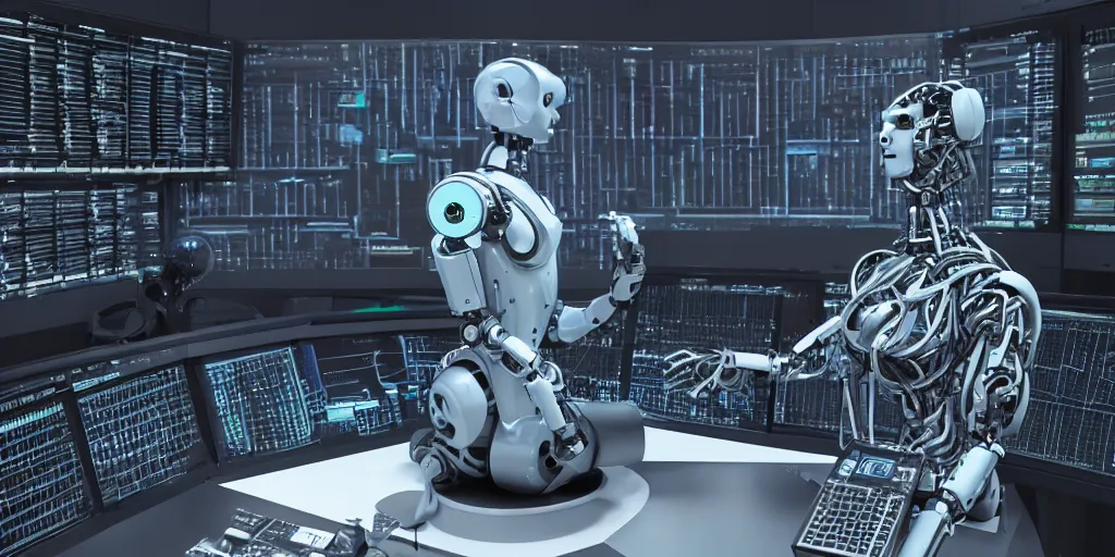 Image similar to a robot as The Thinker sculpture in a sci-fi control room, highly detailed, 8k UHD