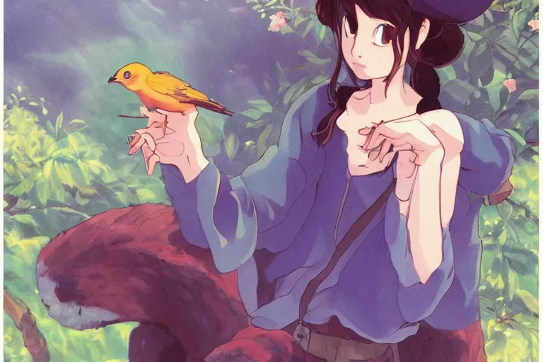 Image similar to young pretty girl holding a bird in her hands, looking touched, Fragile looking character portrait , beautiful scene; highly detailed art, by Studio Ghibli , High contrast, anime art