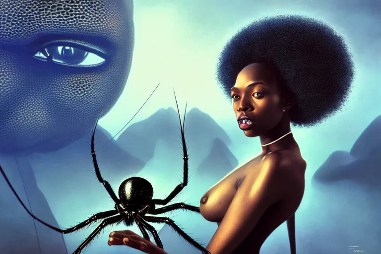 Image similar to realistic detailed photorealistic film portrait shot of a beautiful black woman with a giant spider, sci-fi city landscape background by Denis Villeneuve, Amano, Yves Tanguy, Alphonse Mucha, Ernst Haeckel, Andrei Tarkovsky, Edward Robert Hughes, Roger Dean, necklace, dynamic pose, rich moody colours, wide angle, blue eyes