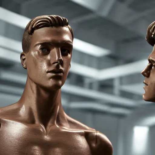 Image similar to a realistic detailed photo of a guy who is an attractive humanoid who is half robot and half humanoid, who is a male android, attractive and handsome soccer players, shiny skin, posing like a statue, blank stare, in a factory, on display, showing off his muscles, wearing soccer shorts, side view, looking at each other mindlessly