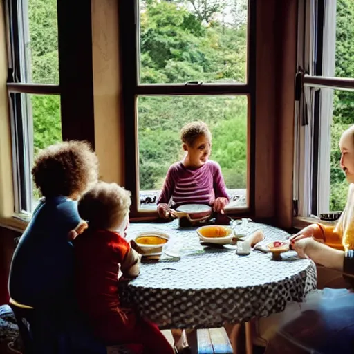 Prompt: a family having breakfast at morning, sunny light coming from a window