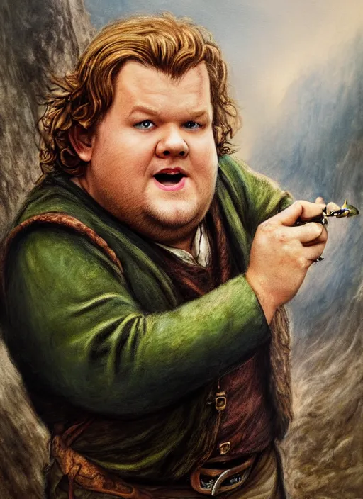 Prompt: james corden as meriadoc brandybuck, hobbit smoking a pipe, by alan lee, lord of the rings, smooth, oil painting, matte painting, concept art, trending on artstation, promotional artwork, film still, elegant, photorealistic facial features, intricate, detailed face, cinematic lighting