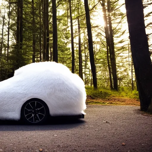 Prompt: a fluffy roadster covered with white fur parking in the forest, warm light, front view, centered, 4k, hd, highly detailed