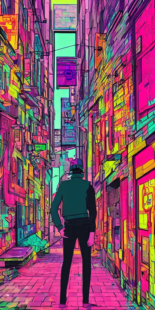 Image similar to person standing in a cyberpunk alley, pop art, markers, rtx, 8 k, ray tracing, highly detailed