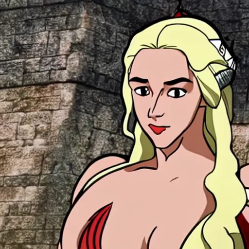 Prompt: Daenerys Targaryen as a cute bathing suit kabuki pointing at you from Game Of Throne cctv footage. She smirks as if to mock your very existence.