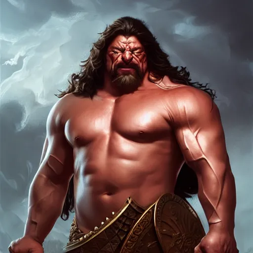 Image similar to richard herring is an incredibly muscular barbarian king looking at you with anger from his throne, highly detailed, digital painting, artstation, sharp focus, illustration, art by artgerm and irakli nadar and greg rutkowski and alphonse mucha