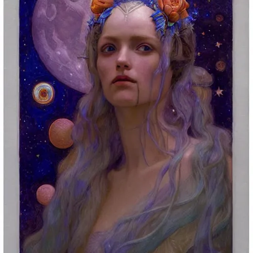 Image similar to queen of the moon with stars in her hair, by annie swynnerton and tino rodriguez and nicholas roerich and jean delville and donato giancola and tom bagshaw, dramatic lighting, floral tattoos, rich colors, smooth sharp focus, extremely detailed, adolf wolfli