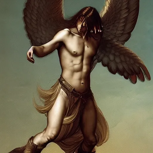 Prompt: androgynous fallen angel with shaved head on one falling through the sky while battling superior larger angels, beautiful, hd, high detailed, 4 k, art by leonardo da vinci, art by greg rutkowski