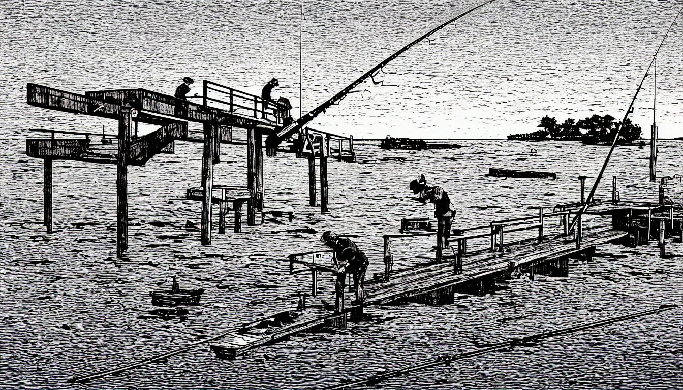 Prompt: fishing a t the end of the ponton by moebius rizoprint