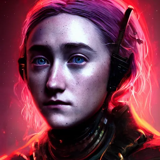 Image similar to saoirse ronan portrait, dystopia core, apocalyptic, armor, warrior, dramatic, sharp focus, fiction, neon, fantasy, hyper detailed, digital art, trending in artstation, cinematic lighting, studio quality, smooth render, unreal engine 5 rendered, octane rendered, art style and nixeu and wlop and krenz cushart