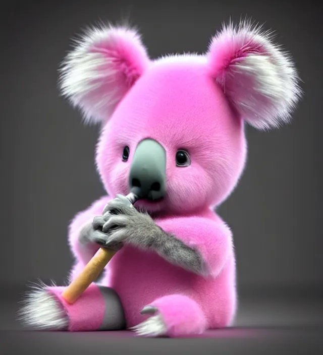 Image similar to high quality 3 d render hyperrealistic very cute small pink koala smoking weed joint, smoke rising from the joint, plush mascot, short spiky dense fluffy smooth hair, photo from the side, pink fluffy fur, 1 5 0 mm, beautiful natural soft light, rim light, vray, smooth background, artstation, ultra detailed