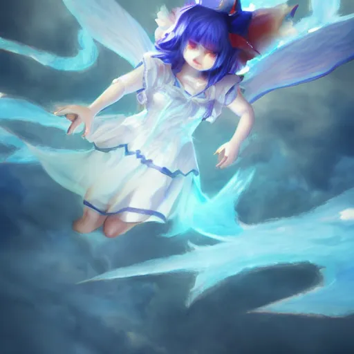 Image similar to cirno from touhou flying, matte painting by ross tran, artstation