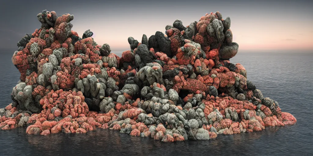 Prompt: hyper realistic, the house made of coral on a rocky seaside architecture, Hyper realistic, organic architecture, Future design, architecture design, environment, sunsett, foggy, Cinematography, mega scans,cinematic, a hybrid tech design, hyper realistic,photo real, cinematic composition, highly detailed, extremely realistic, Vray, corona render, 8K - H 1024