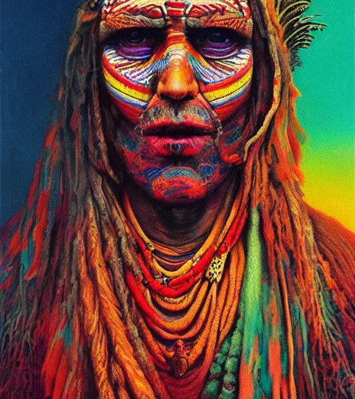 Image similar to Portrait painting in a style of Beksinski mixed with Alex Grey of an old shaman dressed in a colorful traditional clothes.