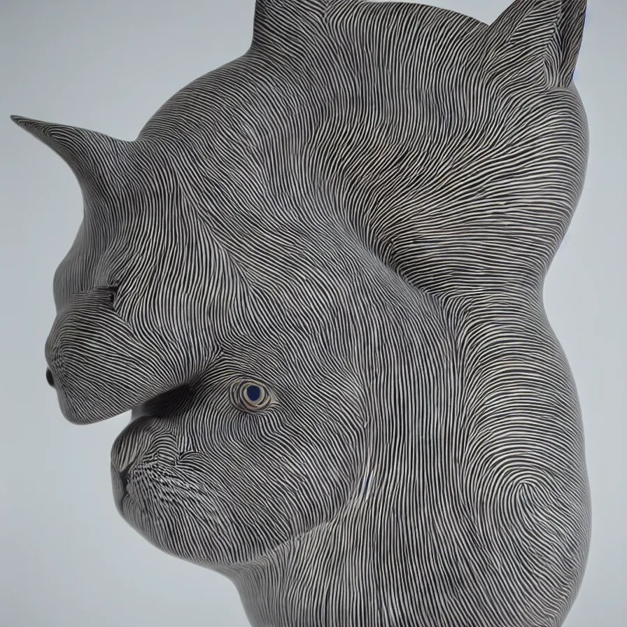 Image similar to beautiful gallery show studio photograph of a giant ceramic sculpture of a cute kitten, glazed by bridget riley and victor vasarely, placed on a polished wooden table, hyperrealism 8 k trending on artstation