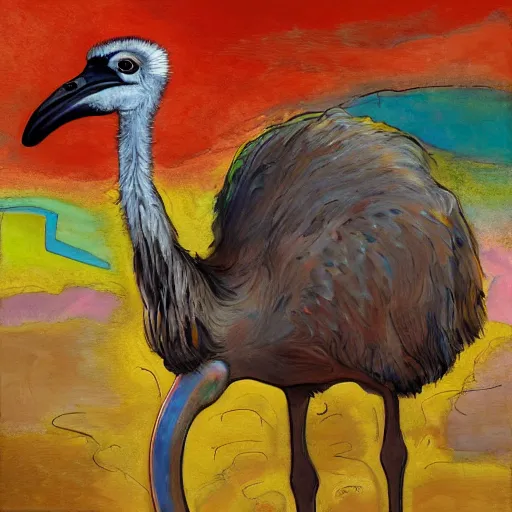 Prompt: painting of a ostrich in the style of disco elysium, expressionism, artstation, trending, by aleksander rostov, jenny saville, rembrandt, alex kanevsky, wassily kandinsky, dave mckean, yoshitaka amano