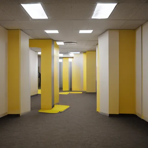 Image similar to !dream Backrooms, where it's nothing but the stink of old moist carpet, the madness of mono-yellow, the endless background noise of fluorescent lights at maximum hum-buzz, and approximately six hundred million square miles of randomly segmented empty rooms to be trapped in