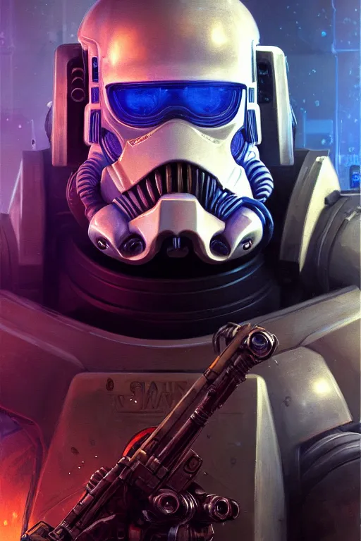 Prompt: character portrait closeup harrison ford cyberpunk starcraft terran bioshock warhammer 4 0 k space marine stormtrooper, character design, painting by gaston bussiere, dan mumford, moebius, katsuya terada, frank frazetta, tom of finland, trending on artstation