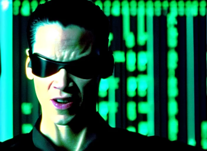 Image similar to Movie still of Neo in The Matrix movie doing a thumb up to the camera in front on burning servers.