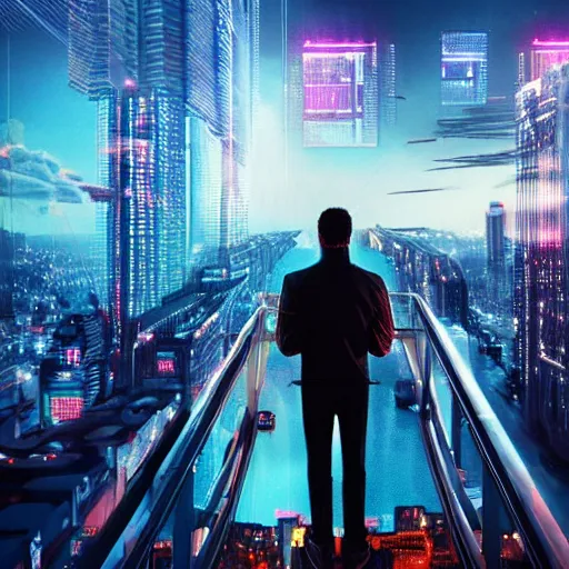 Image similar to a man standing on top of a bridge over a city, cyberpunk art by vincent lefevre, behance contest winner, altermodern, cityscape, synthwave, matte painting