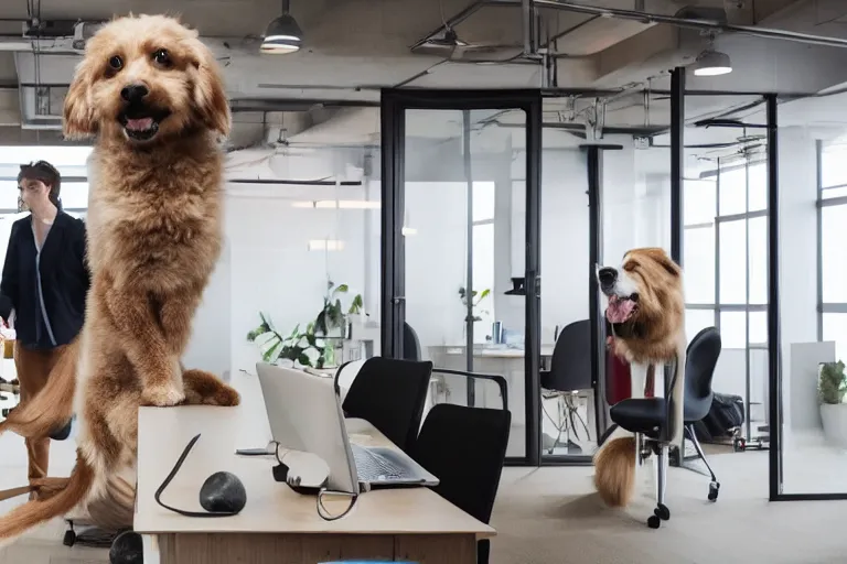 Prompt: pets are working in co - working modern offices