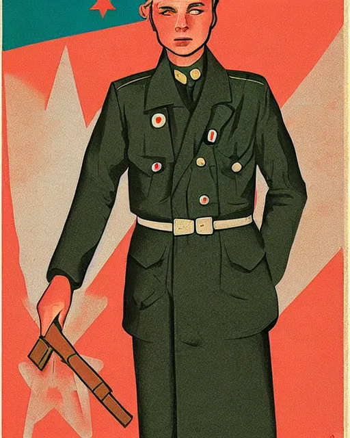 Image similar to androgynous transmasc model in soviet uniform, soviet propaganda poster design, cccp, soviet union propaganda