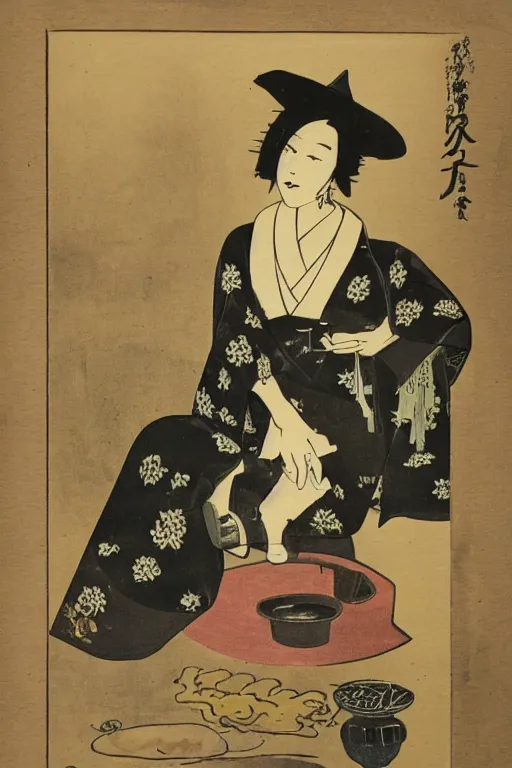 Image similar to photo of a witch, young woman, preparing potion, high heels, japanese kimono