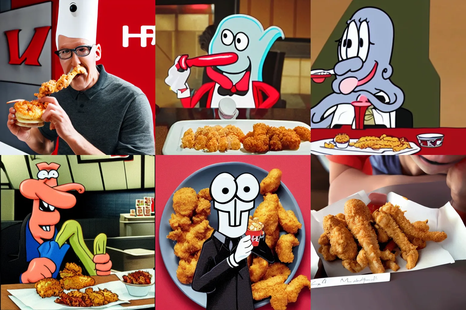 Prompt: photograph of squidward tentacles eating at a kfc