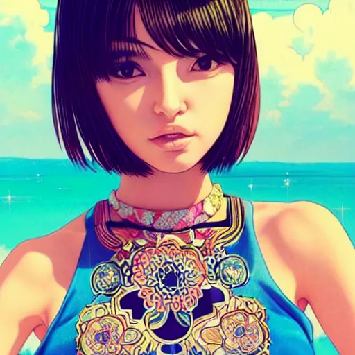 Image similar to a beautiful young japanese natalie portman alluring gravure model, wearing elaborate designer tank top, tank top with mesoamerican patterns, by akira toriyama and wlop and ilya kuvshinov and artgerm and, aesthetic, gorgeous, stunning, alluring, attractive, artstation, deviantart, pinterest, digital art