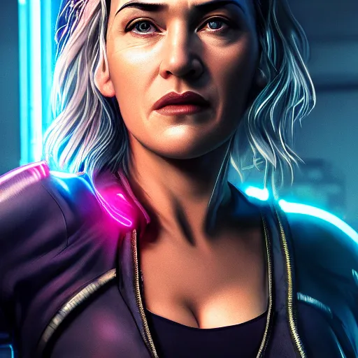 Image similar to kate winslet portrait, cyberpunk 2 0 7 7, cyberpunk judy alvarez, photorealistic, ultra detailed, neon, octane, bokeh, cinematic lighting, cyber, cyberpunk city, studio quality, feature, scars, cyberface, 8 k