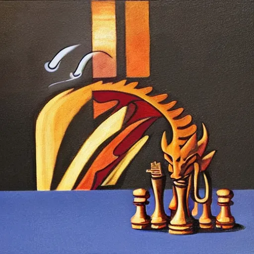 Image similar to an oil painting in the style of art deco of a dragon in a suit smoking a cigar while sitting at a chess table