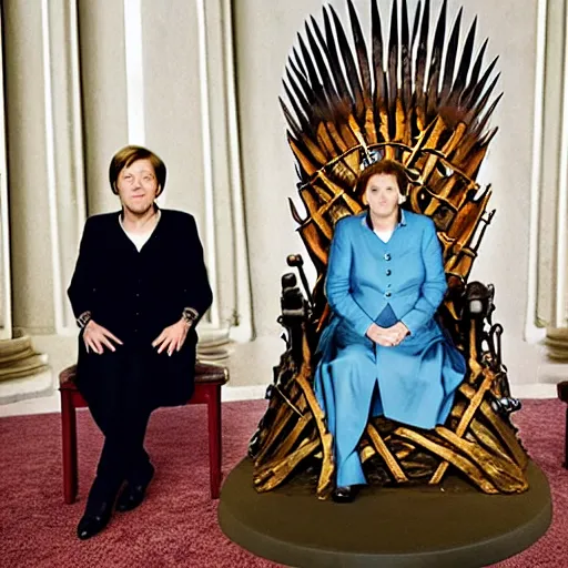 Prompt: angela merkel sitting on the iron throne