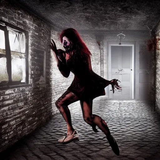 Image similar to dark haunted house with terrified woman pursued by headless zombies