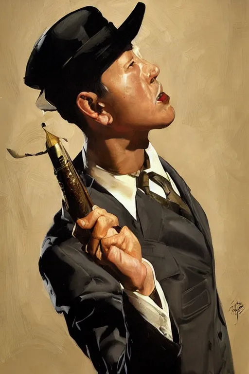 Image similar to waymond wang, painting by jc leyendecker!! phil hale!, angular, brush strokes, painterly, vintage, crisp