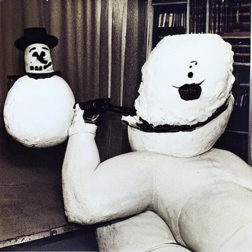 Image similar to “ burl ives snowman m, lifting weights with magnum pi in an insane asylum, designed by vernor panton ”