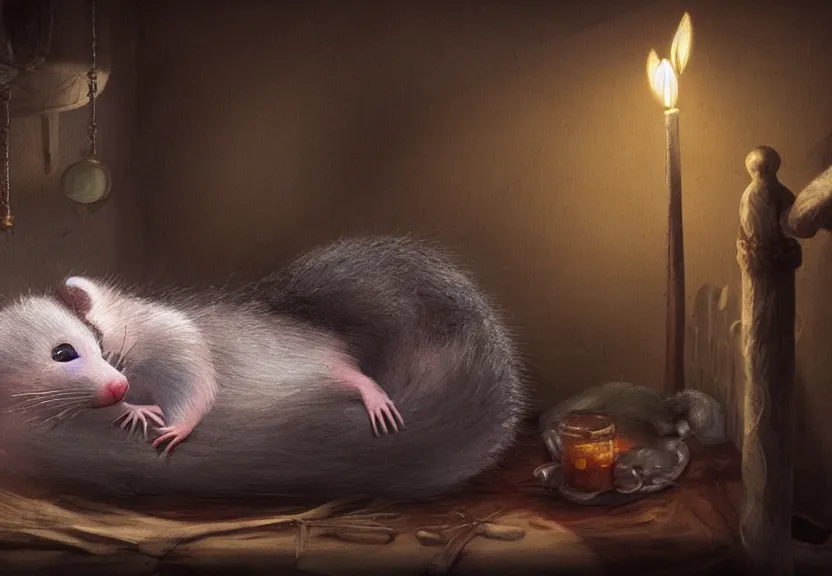 Image similar to cute possum sleeping inside a bed in a dark medieval cluttered cottage at night under the dim light of a candle, dark fantasy, dreaming illusion, trending on artstation