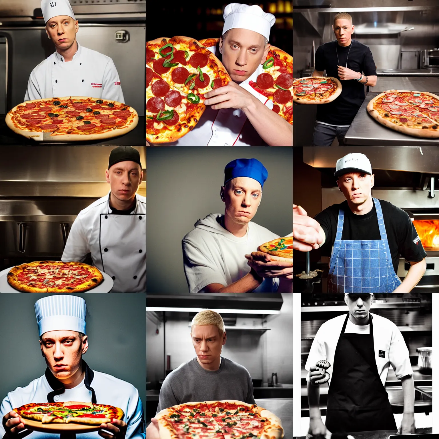 Prompt: Eminem as a pizza chef with dough in his hand, shot from professional camera, ultra realistic, rim light, beatiful vivid lights
