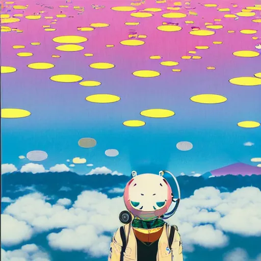 Image similar to a man walking on clouds away from the camera above kyoto by takashi murakami, beeple and james jean, aya takano color style, 4 k, super detailed, modern, 4 k, symmetrical