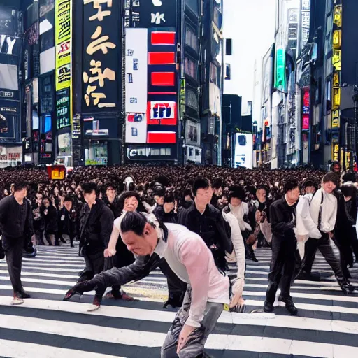 Image similar to Till Lindemann on Shibuya Scramble Crossing, Sakura is blowing, high quality photo