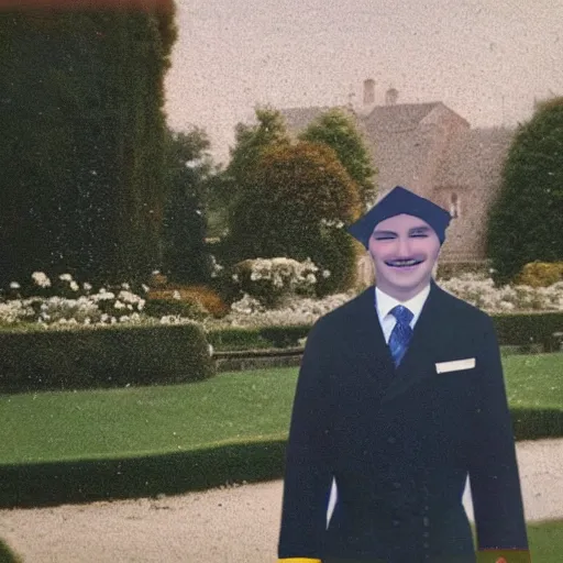 Prompt: an old unclear color-faded photo captured by accident in 1990s about a catman in hotel clerk uniform walk around in a 18th century style garden and smile to the camera, foggy weather atmosphere, spotlight